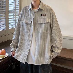 日系复古潮牌工装刺绣条纹长袖衬衫男春秋季潮流宽松休闲衬衣 C92图片