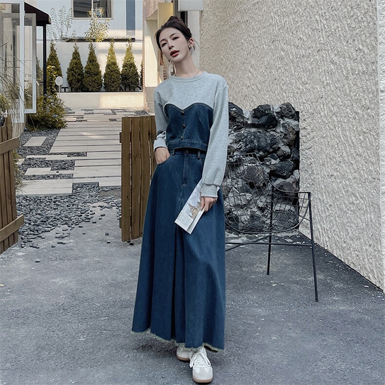 【新品首-发】秋季新品韩系简约甜美拼接牛仔套装2386-P165-K218,女装套装/套裙,浙宝285（原212）