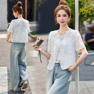 时尚名媛香风轻奢重工刺绣薄款短袖上衣女2025夏新中式国风外套图片