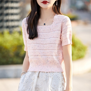 超好看~花纱针织方领短袖上衣女2024夏新款法式短款减龄显瘦T恤衫图片
