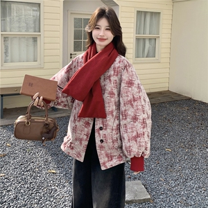 红色小众设计感围巾款羽绒服女冬季2026新款韩版加厚新年喜庆外套图片