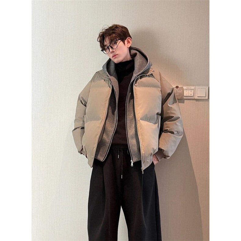 【假两件】冬季连帽PU皮双拉链加厚棉服男宽松保暖百搭，男装棉衣，星座307A