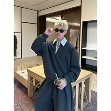 秋季新款男士时尚韩系ins高级时尚简约潮流假两件条纹衬衫领套装，男装衬衫，星座1210-1