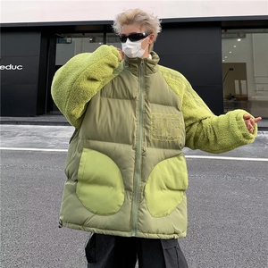 羊羔毛拼接棉服男冬季新款加厚情侣面包服设计感小众棉衣外套图片