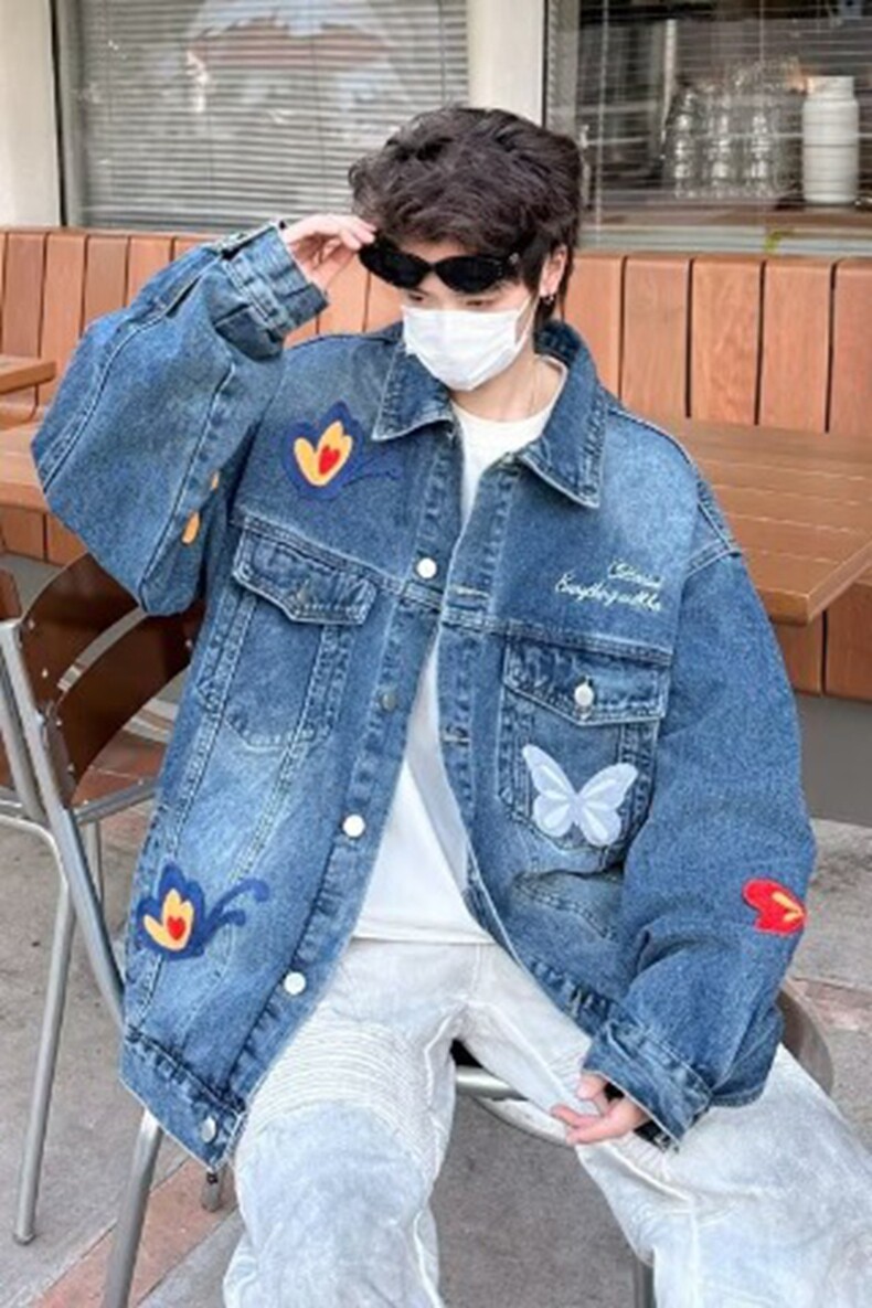美式复古重工蝴蝶刺绣牛仔外套男女春秋季韩版百搭休闲外套夹克潮,男装工装外套,星座218-8