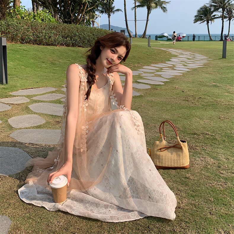 法式海边度假假两件连衣裙女夏季新款显瘦洋气减龄超仙网纱吊带裙,女装连衣裙,2C266