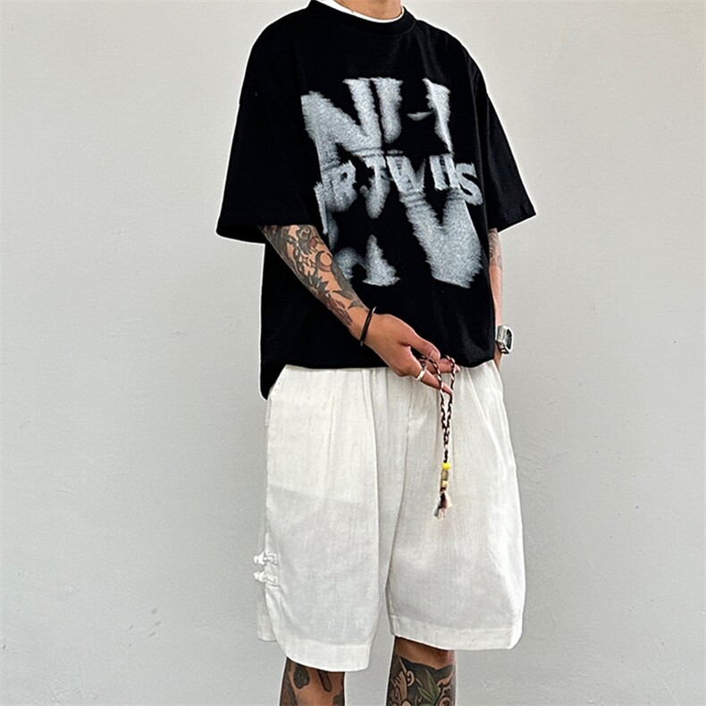 风短裤夏季男士宽松潮流时尚2025新款休闲盘扣直筒五分裤,男装牛仔裤,电商A011（原4039）