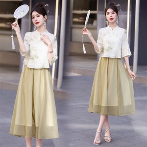 / 新中式植绒绣汉服套装女夏季新款国风禅意茶服两件套图片