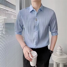 夏装冰丝设计感七分袖衬衫男装短袖寸衣服衬衣夏季薄款CY101，男装T恤，星座1116A-2（原606A-1）