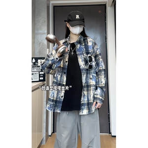 2025春秋新款美式刺绣仿扎染长袖衬衫格子衬衫CS3557特批50-控88图片