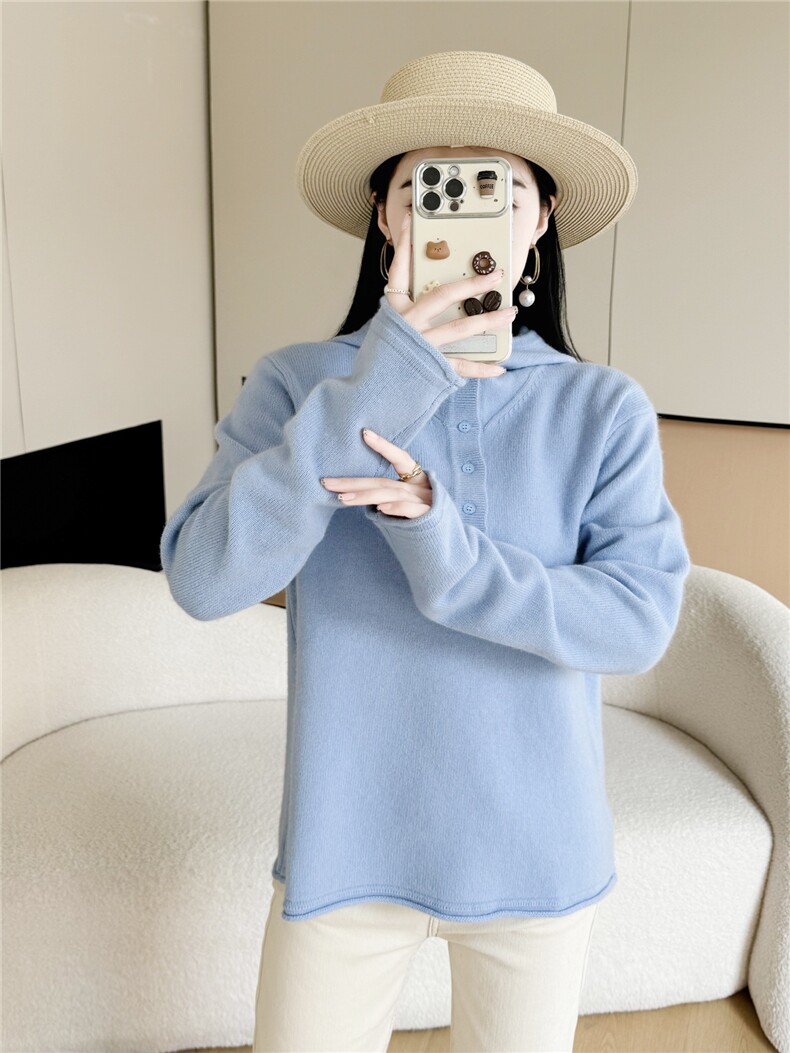 2025年秋季女士排扣下摆袖口卷边,女装羊绒衫,米哆哆羊绒