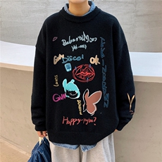 1港风日系宽松休闲情侣套头印花加厚毛衣男外套7696P55加绒P70，男装针织衫/毛衣，星座226-2