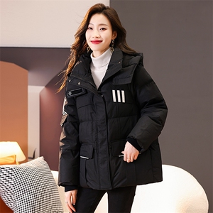 现货2024年冬季新g标90绒克莱因蓝白鸭绒羽绒服女宽松短款面包服图片