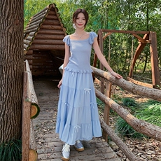 蓝色蝴蝶结高腰半身裙套装女夏季2025新款独特漂亮针织上衣两件套，女装套装/套裙，浙宝220A