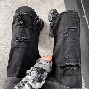 美式vibe风裤子高街潮牌黄泥染水洗破洞牛仔裤男复古街头阔腿长裤图片