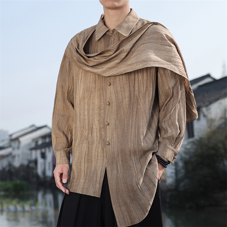 2026春季新款男装新中式三穿亚麻衬衣拼接飘带棉麻衬衫 C168-P85图片