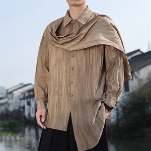 2026春季新款男装新中式三穿亚麻衬衣拼接飘带棉麻衬衫 C168-P85图片