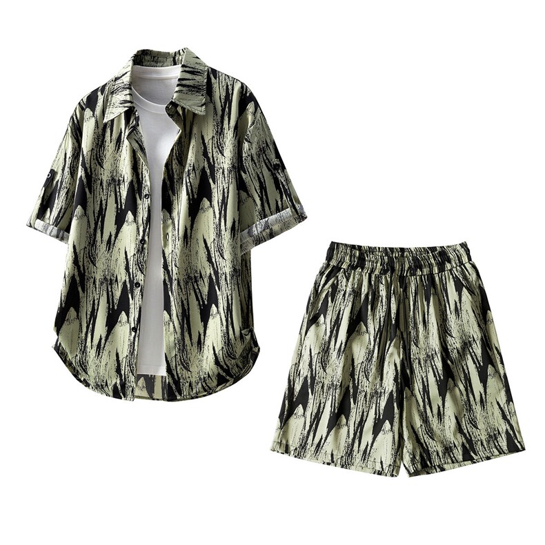 短袖衬衫男+短裤男套装男100%聚酯纤维M-5XL大码TZ78721P50控98，男装休闲套装，星座227-7