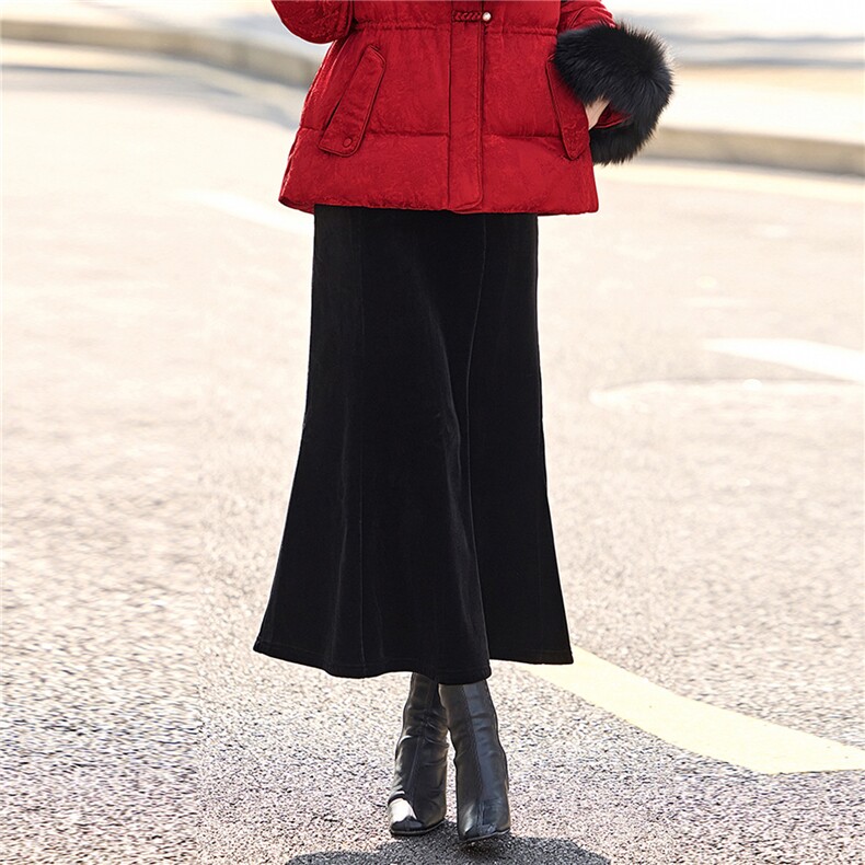 金丝绒高腰鱼尾裙半身裙女秋冬新款缎面黑色加绒加厚半裙醋酸长裙，女装半身裙，涵誉