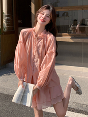 橘粉色轻薄系带衬衫套装裙女2025夏季新款别致漂亮半身裙两件套潮，女装套装/套裙，浙宝305