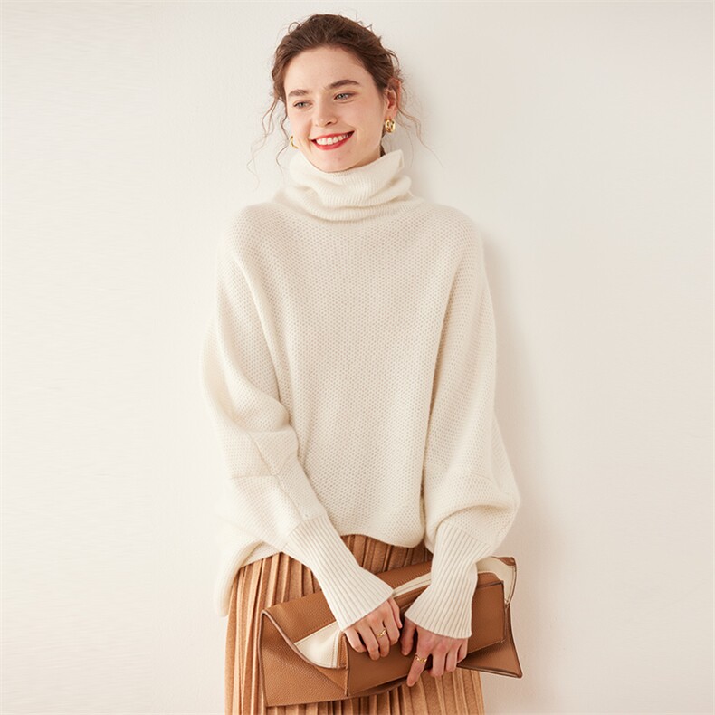 秋冬纯色简约款百搭套头高领蝙蝠袖35%羊绒衫女，女装羊绒衫，隆秋羊绒