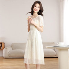 温柔风白色连衣裙夏季新款高级感收腰显瘦圆领a字裙字女，女装连衣裙，韩蔻秀