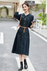 牛仔连衣裙女春秋新款时尚收腰显瘦百搭长袖立领休闲蓝色裙子，女装连衣裙，天丽