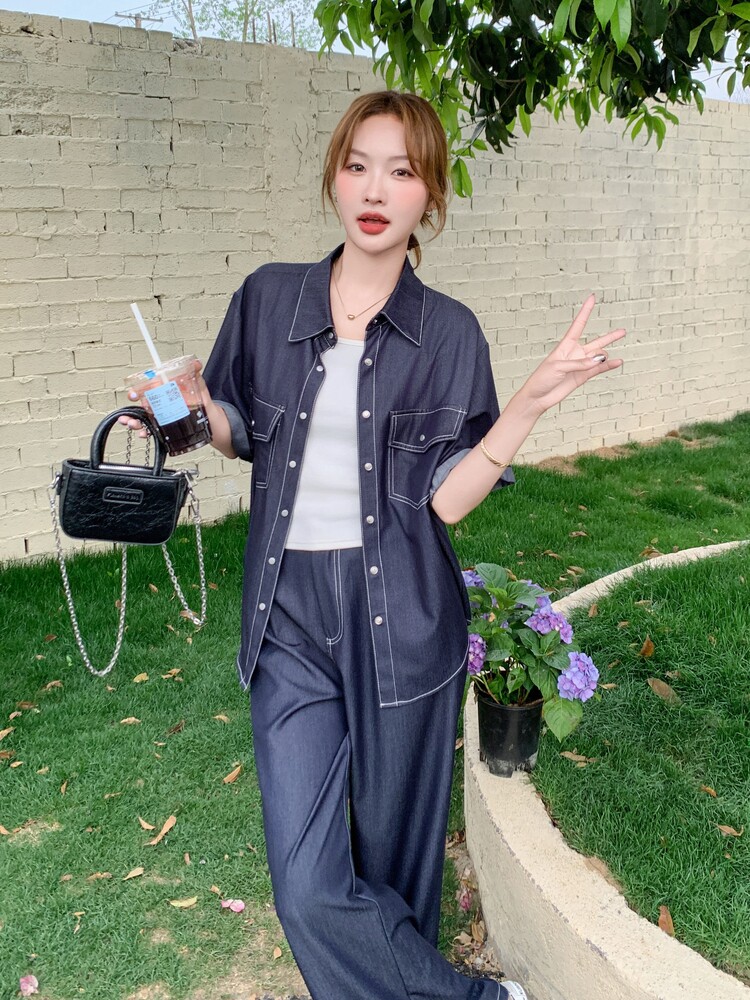 蓝色软牛仔短袖阔腿裤两件套女夏季巨好看韩里韩气独特漂亮一整套,女装套装/套裙,印象茜