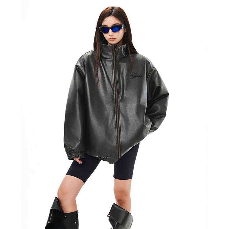 2025美式复古高街PU皮夹克棉衣女春秋设计感宽松225-2-Y210-P150,男装夹克,星座225-2