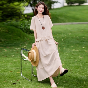 亚麻套装女2025夏季超火高级感宽松显瘦复古棉麻半身裙两件套装图片