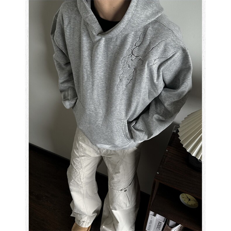 WY816-尺码M-3XL-P39-美式复古闪电刺绣连帽卫衣宽松套头上衣,男装卫衣,星座1811B