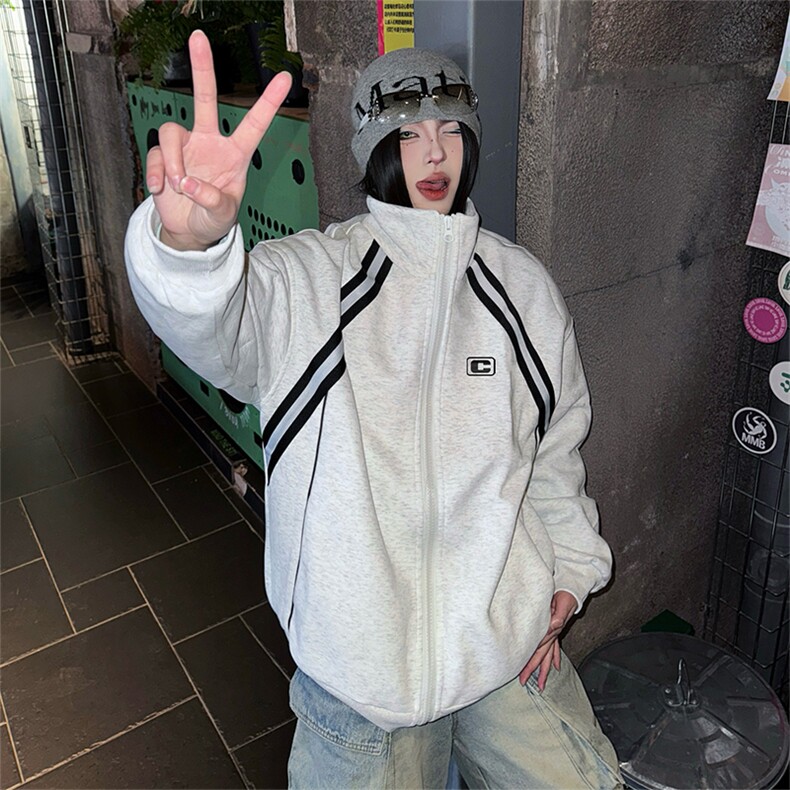 抖音得物高品质秋冬美式重磅结构织带撞色立领印花卫衣外套AW7007图片