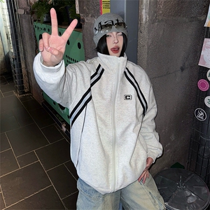 抖音得物高品质秋冬美式重磅结构织带撞色立领印花卫衣外套AW7007图片