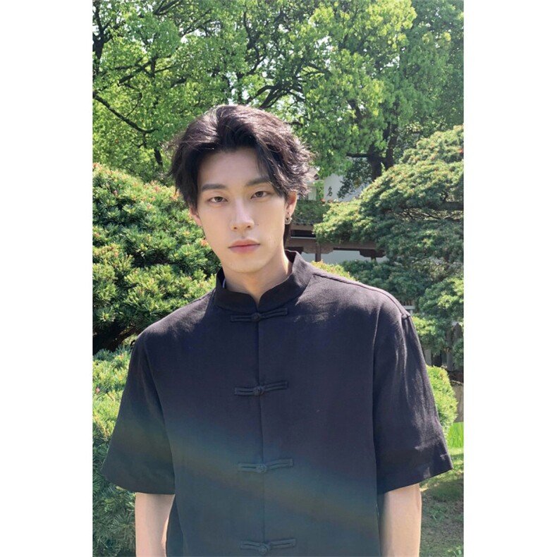 短袖中山装男青少年新中式国风男装亚麻衬衫复古盘扣kimono道袍潮,男装T恤,星座205-5