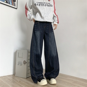 1506/QB1630/P54大码深蓝色复古小众高腰弯刀新款廓形宽松拖地裤图片