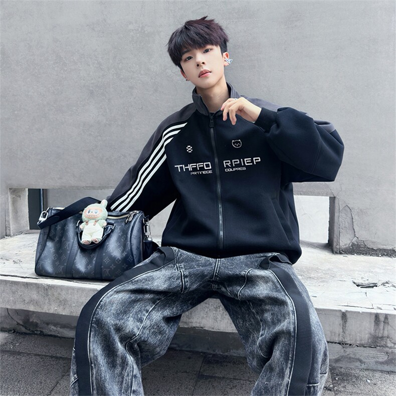 抖音得物秋美式高街重磅结构织带拼接撞色立领卫衣外套ACM4102，女装短外套，电商A443