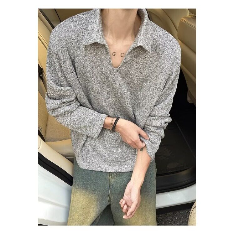 美式复古老钱风翻领长袖T恤男夏季新款休闲针织上衣潮,男装T恤,星座410-7