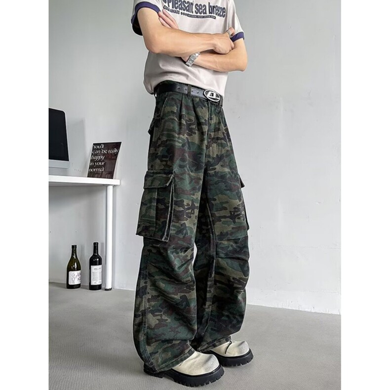 美式复古褶皱多口袋迷彩工装牛仔裤女高街潮牌显瘦堆积感拖地裤子,女装休闲裤,星座218-8