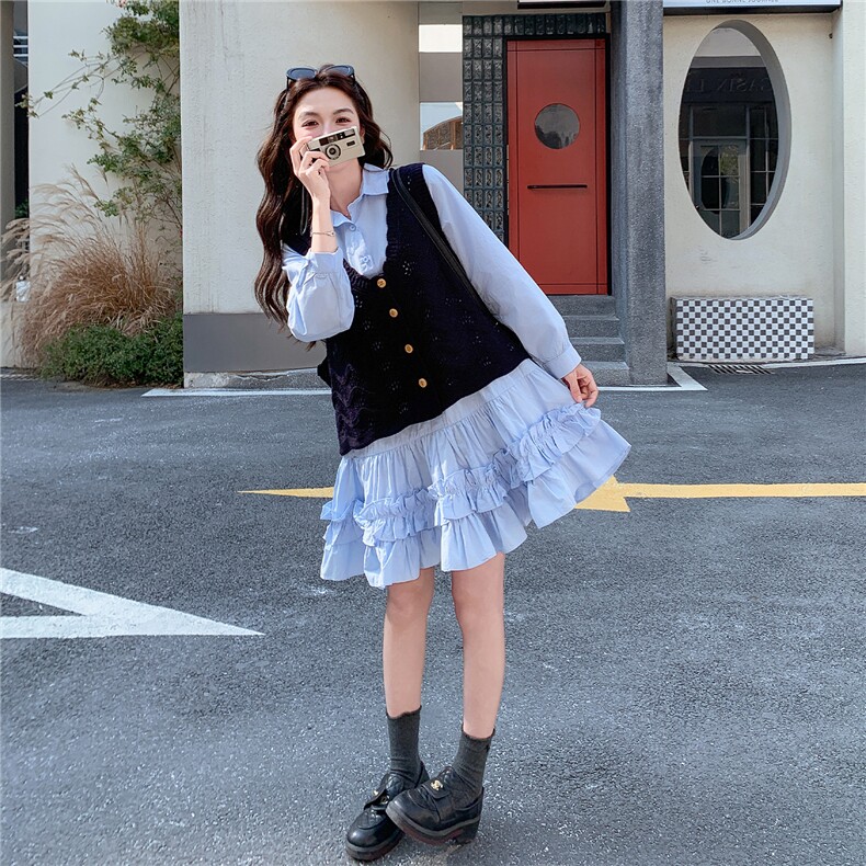 现货新款蓝色针织马甲衬衫连衣裙套装女2C282-209P175K288,女装套装/套裙,2C282