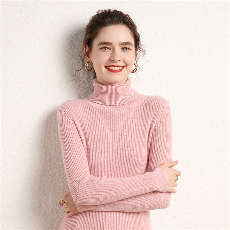 小baby山羊绒衫女秋冬新款高翻领抽条修身纯色套头内搭毛衣打底衫，女装羊绒衫，绒源之鑫