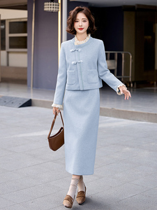 小香风羽绒服套装女冬装2024新款高端羊毛呢短外套开叉长裙两件套图片