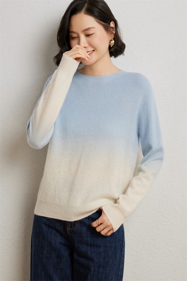 时尚渐变色女士衫优雅圆领设计舒适保暖,女装羊绒衫,臻维羊绒