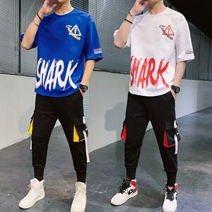 夏装新款潮牌半袖青少年运动休闲两件套T恤短袖套装男F162P75图片