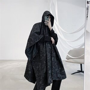 山本暗黑风高定立体图案连帽斗篷中长款风衣潮A452--687图片