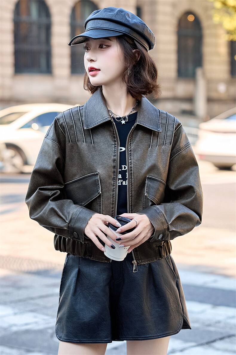 现货水洗双色皮衣2025年女秋季新款翻领气质高质感皮上衣,女装皮衣,英标秀（1C119）
