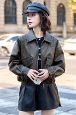 现货水洗双色皮衣2025年女秋季新款翻领气质高质感皮上衣，女装皮衣，英标秀（1C119）