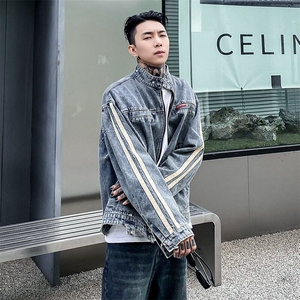 Q60/P79美式潮牌做旧水洗立领牛仔外套男女宽松情侣休闲夹克