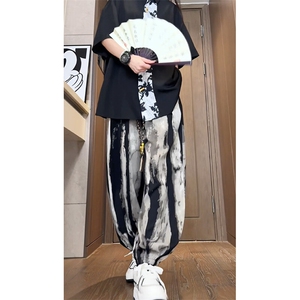 水墨画风新中式冰丝裤子潮束脚裤宽松灯笼裤504-K203-P50控78图片