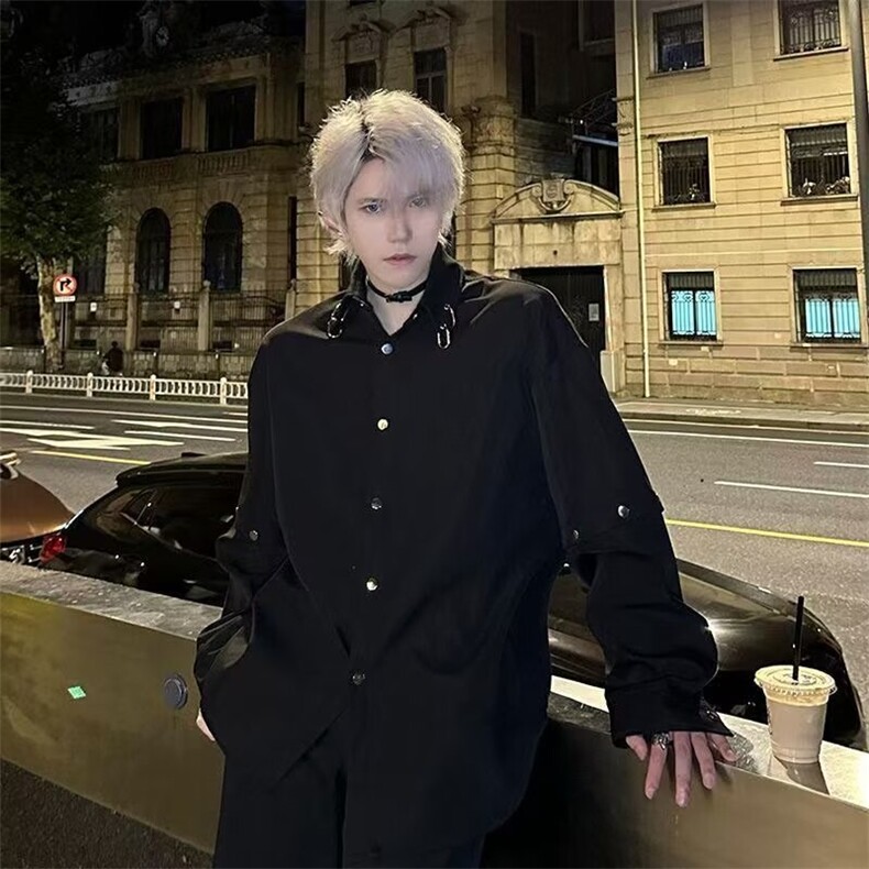 黑色垫肩衬衫男潮牌痞帅炸街可拆卸长袖衬衣廓形高级感发型师男装,男装衬衫,星座506A