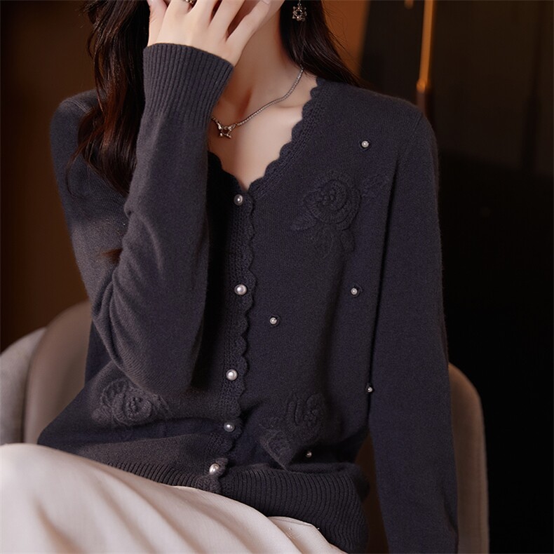 100%纯羊毛开衫女V领刺绣钩花珍珠扣长袖针织毛衣宽松羊绒衫外套，女装羊毛衫，科源羊绒